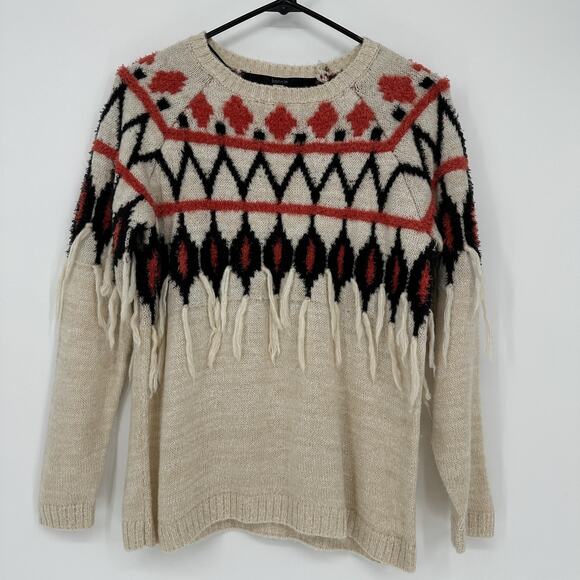 Kensie Sweater Womens XS Cream Black Red Fringe Knit Pullover Aztec Pattern Boho - Picture 1 of 10